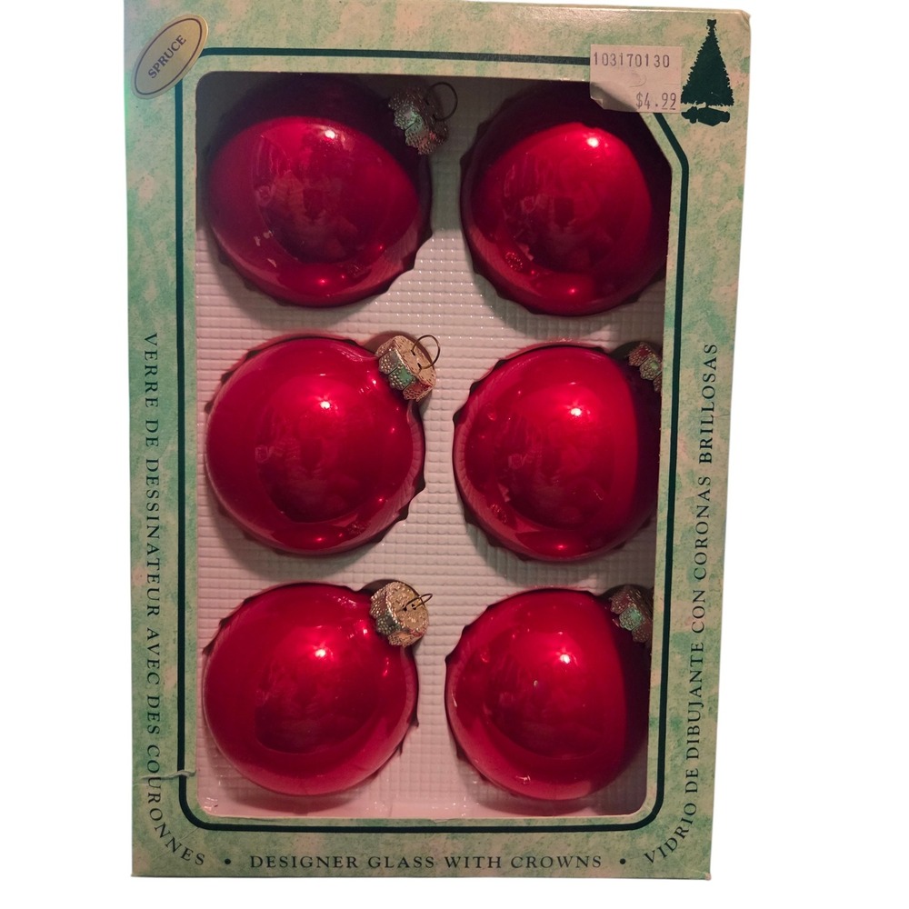 Vintage Christmas by Krebs Box Red Rauch Glass Ornaments 6pc Designer Crowns 2.5